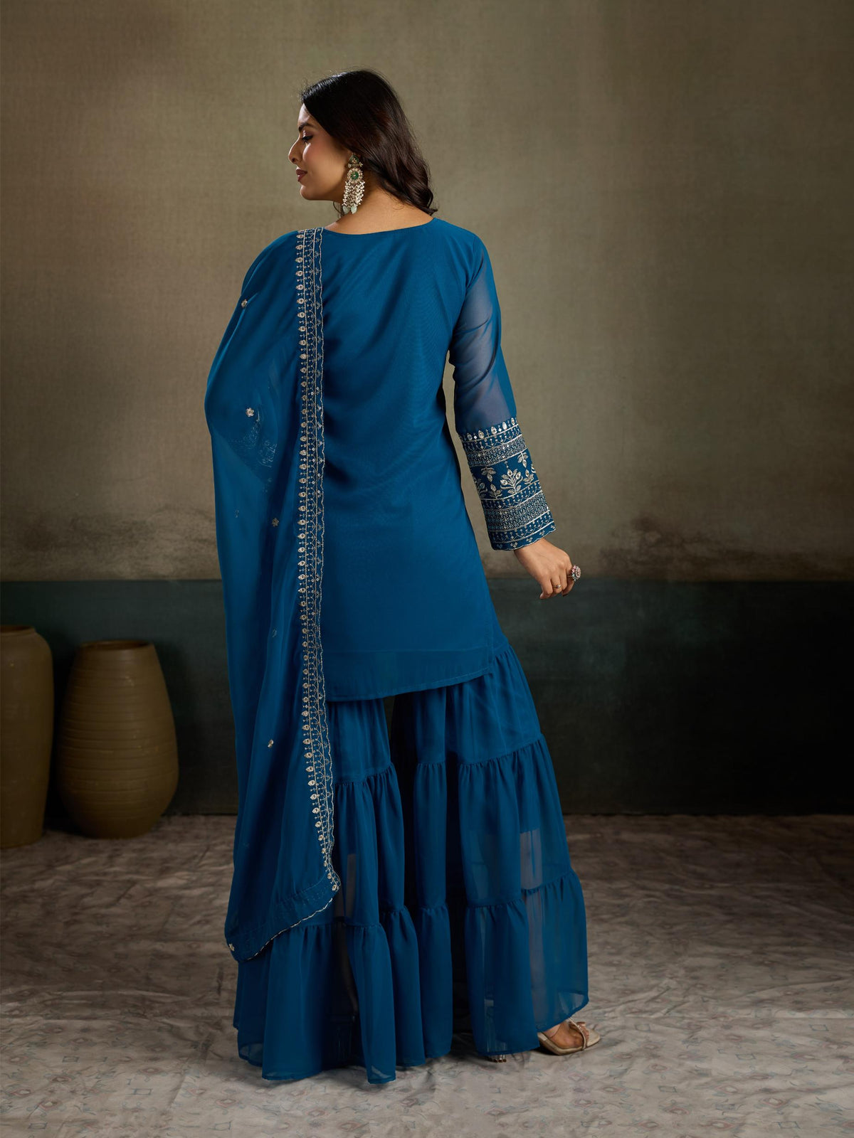 Teal blue embroidered georgette kurta sharara set - back view