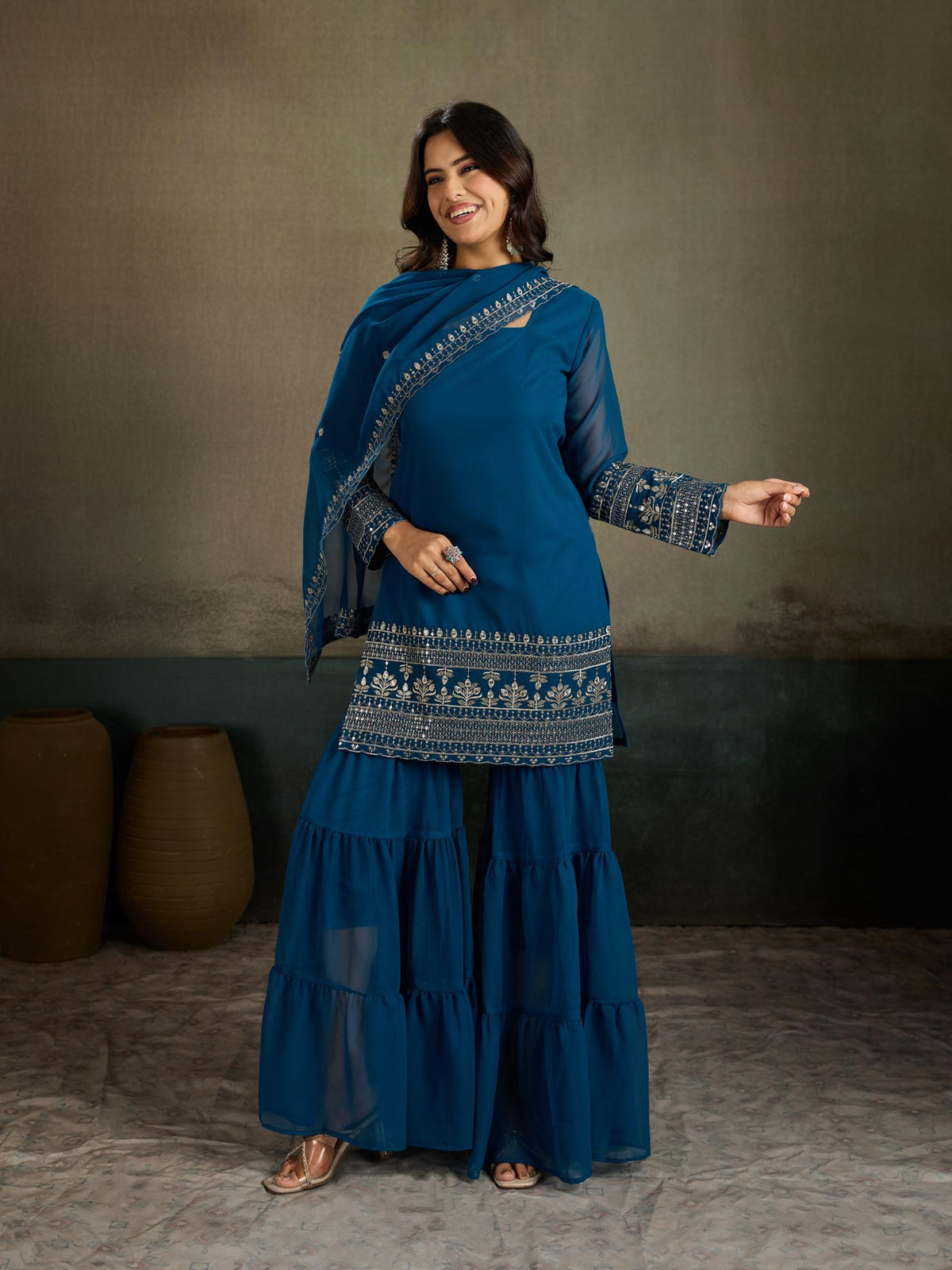 Teal Blue Embroidered Georgette Kurta Sharara Set with Dupatta