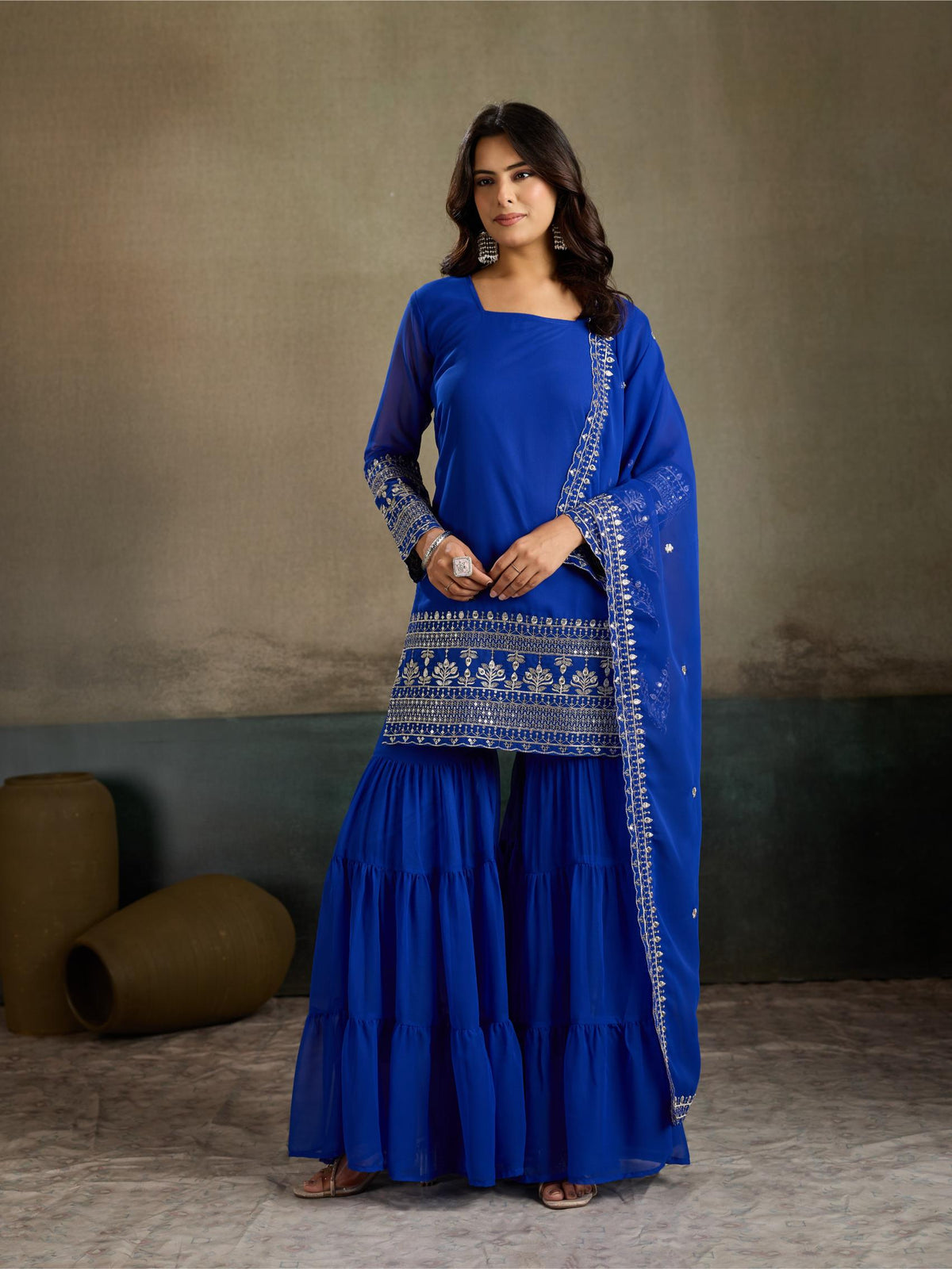 Royal Blue Embroidered Kurta Sharara Set with Dupatta