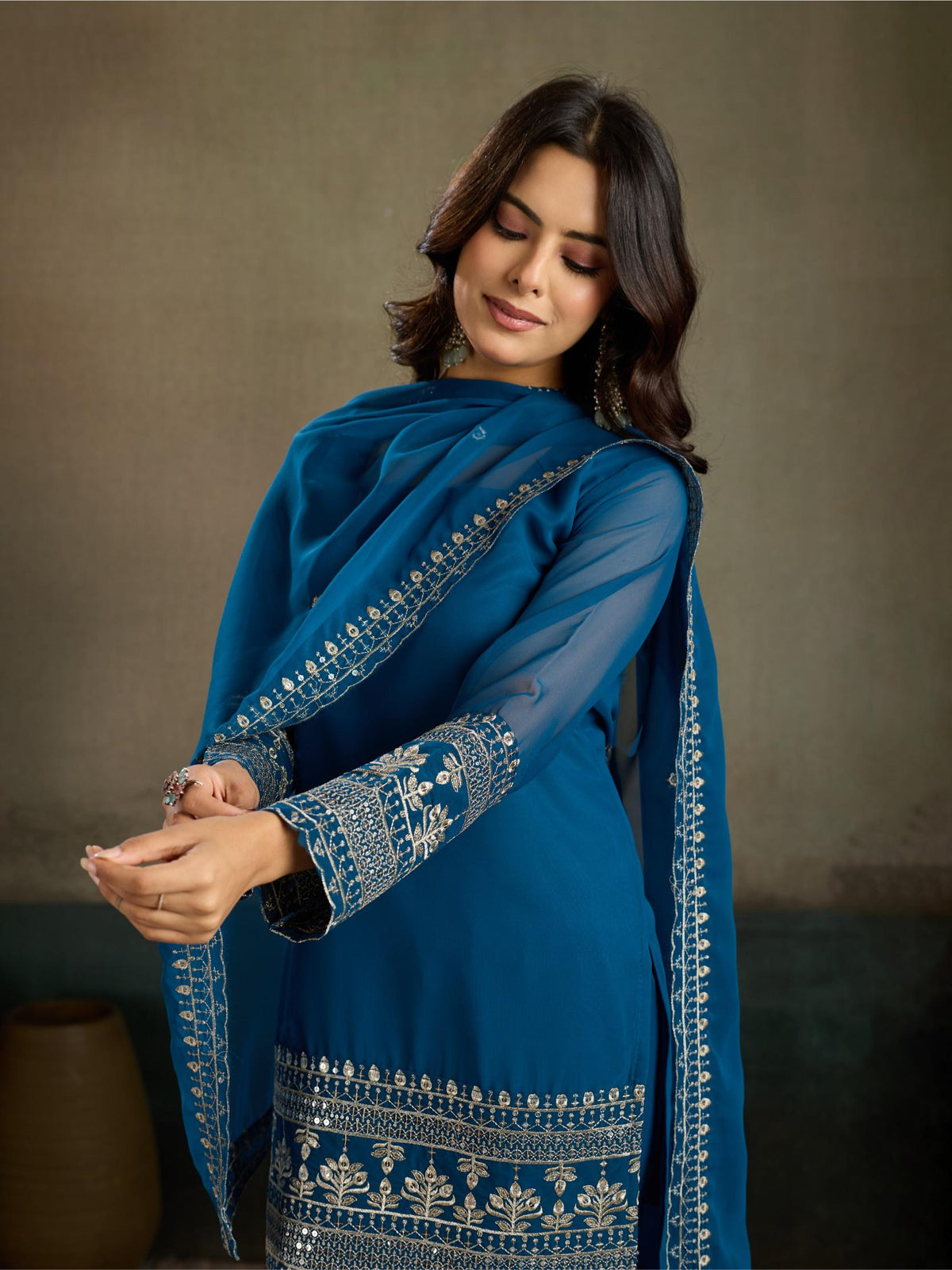 Teal blue embroidered georgette kurta sharara set - elegant front view with dupatta draped