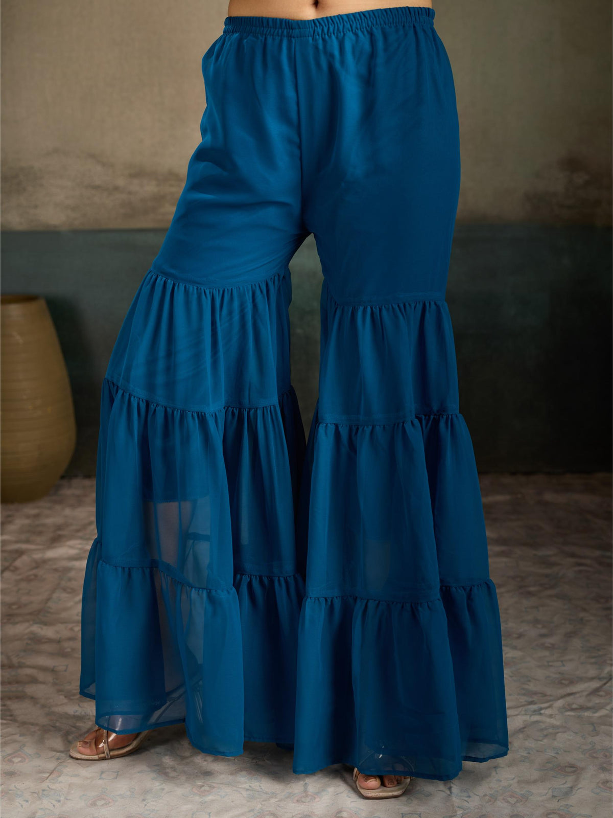 Teal blue embroidered georgette kurta sharara set - classic front pose