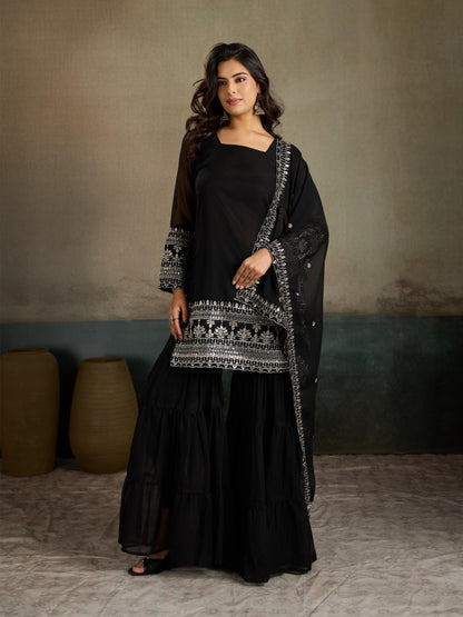 Black Embroidered Georgette Kurta Sharara Set with Dupatta