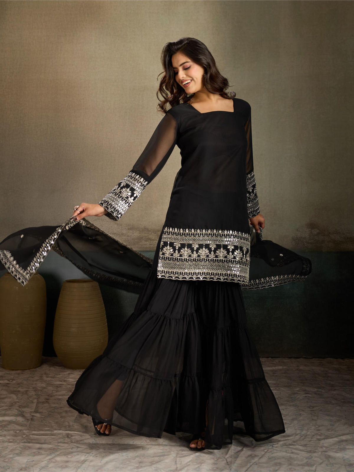 Black Embroidered Georgette Kurta Sharara Set with Dupatta