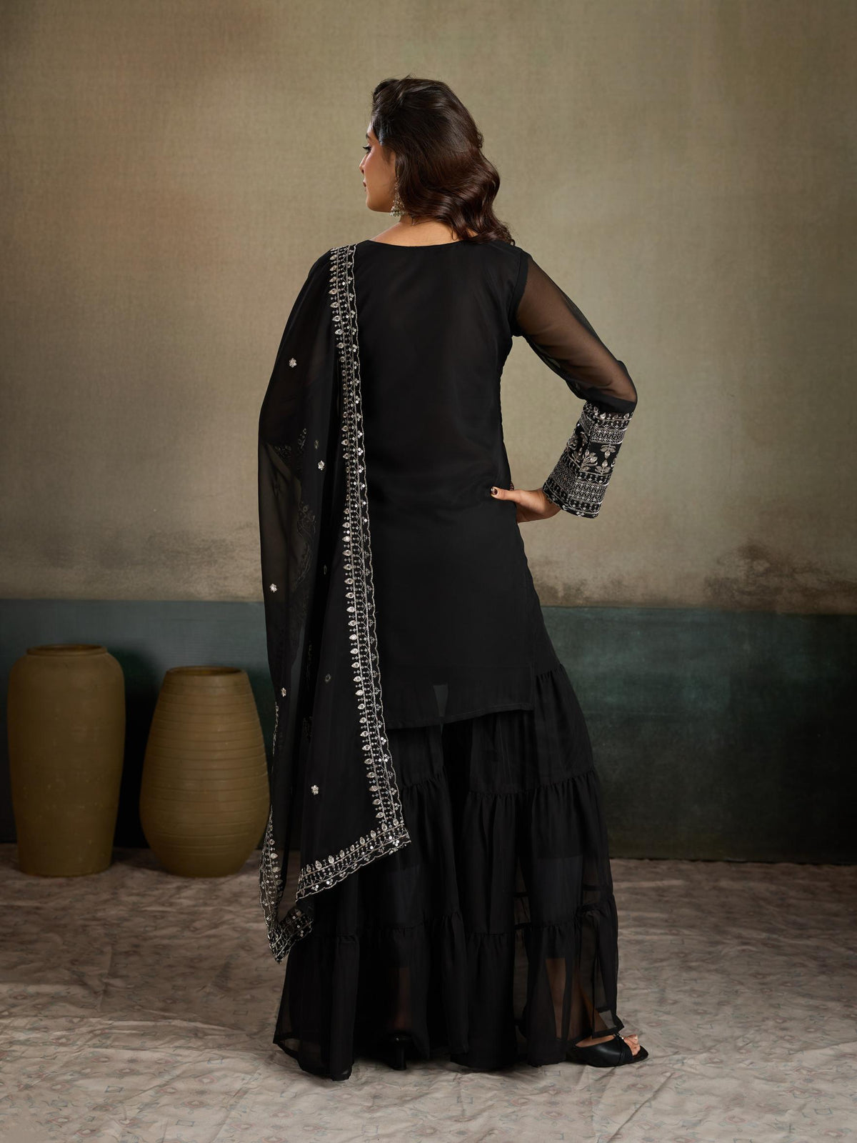 Black Embroidered Georgette Kurta Sharara Set with Dupatta