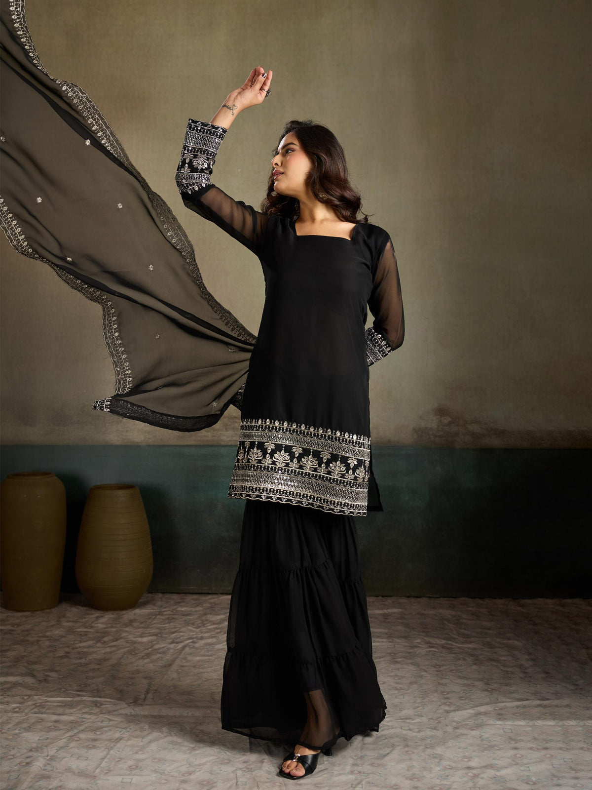 Black Embroidered Georgette Kurta Sharara Set with Dupatta