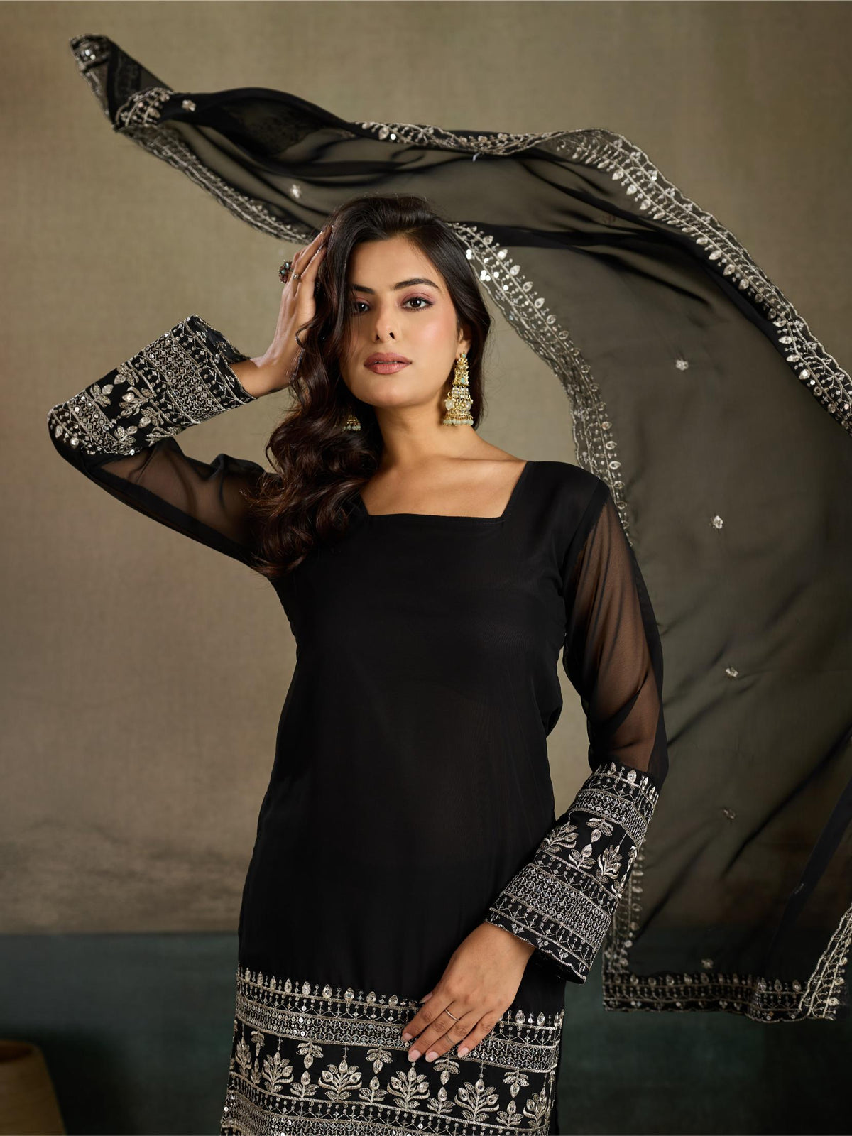 Black Embroidered Georgette Kurta Sharara Set with Dupatta