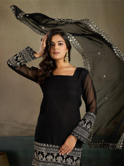 Black Embroidered Georgette Kurta Sharara Set with Dupatta