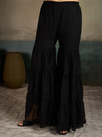 Black Embroidered Georgette Kurta Sharara Set with Dupatta