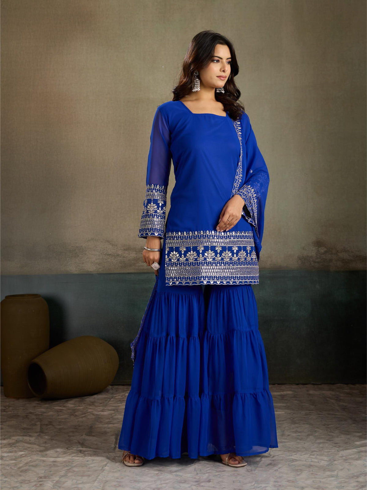 Royal blue embroidered kurta sharara set with dupatta - close up front view