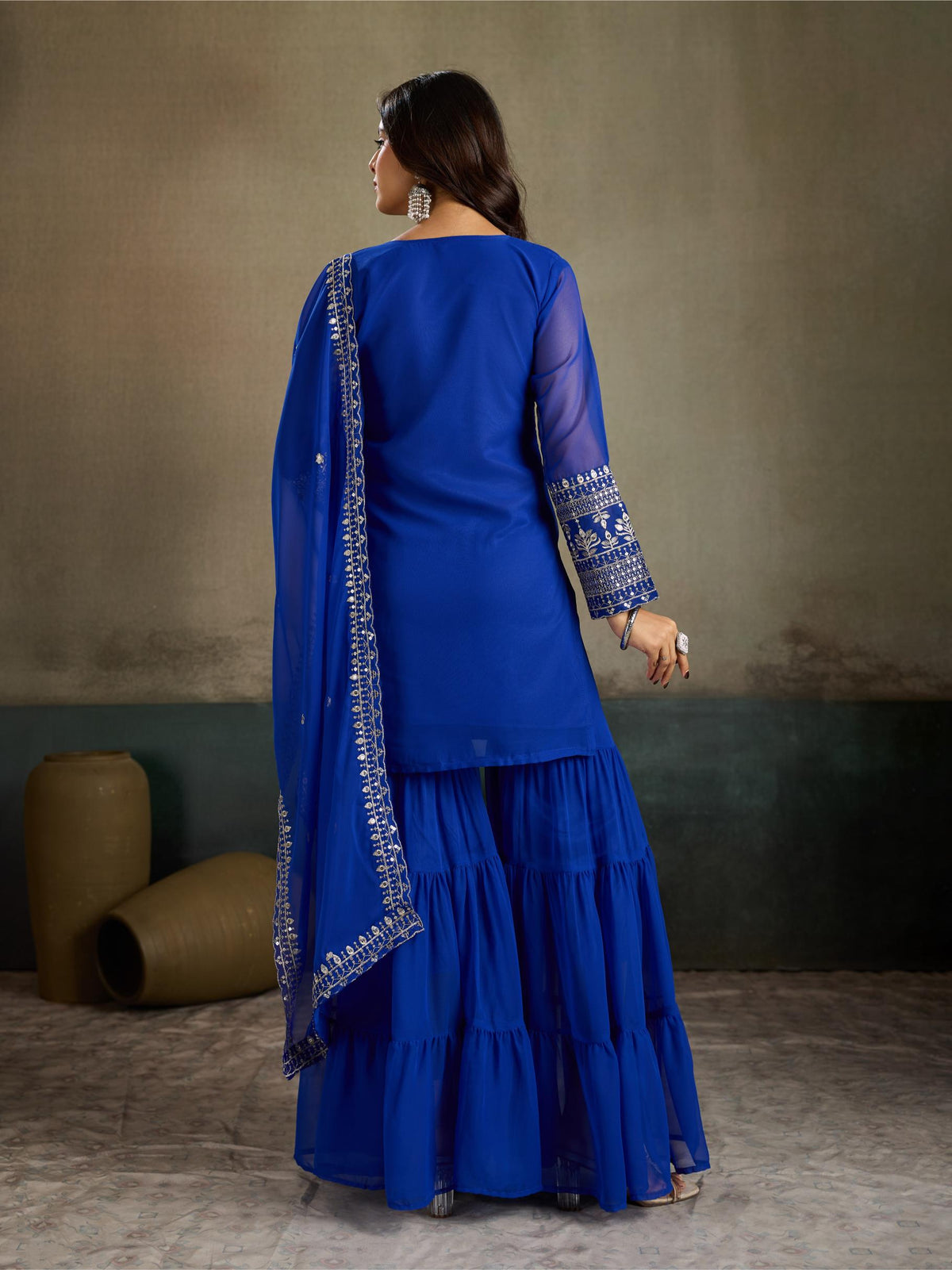 Royal blue embroidered kurta sharara set with dupatta - back view