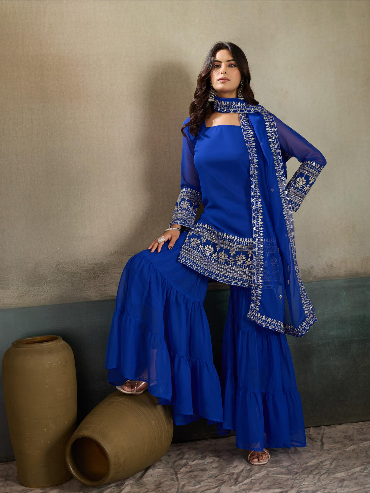 Royal Blue Embroidered Kurta Sharara Set with Dupatta