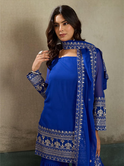 Royal Blue Embroidered Kurta Sharara Set with Dupatta
