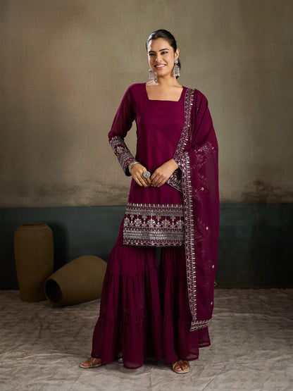 Wine Magenta Embroidered Georgette Kurta Sharara Set with Dupatta