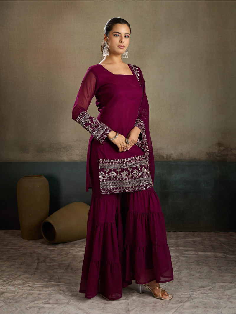 Wine Magenta Embroidered Georgette Kurta Sharara Set with Dupatta
