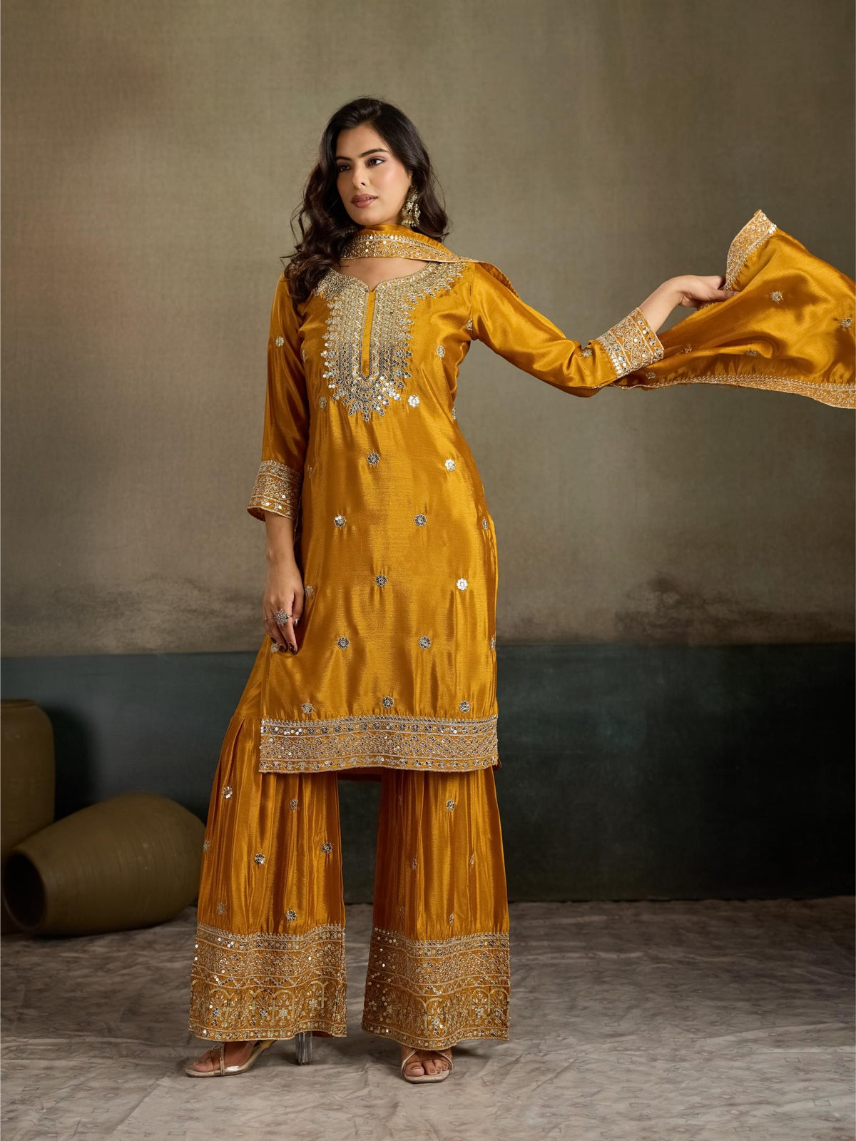 Mustard yellow zari embroidered silk kurta palazzo set - dupatta draped front view