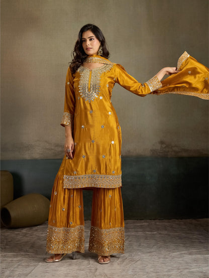 Mustard yellow zari embroidered silk kurta palazzo set - dupatta draped front view