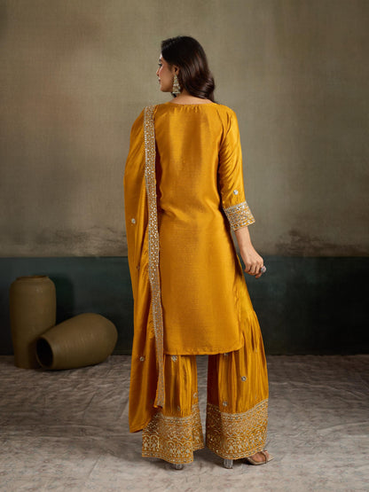 Mustard Yellow Zari Embroidered Silk Kurta Palazzo Set with Dupatta