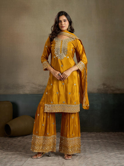 Mustard Yellow Zari Embroidered Silk Kurta Palazzo Set with Dupatta