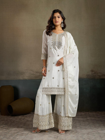 White Silver Sequin Embroidered Silk Kurta Palazzo Set with Dupatta