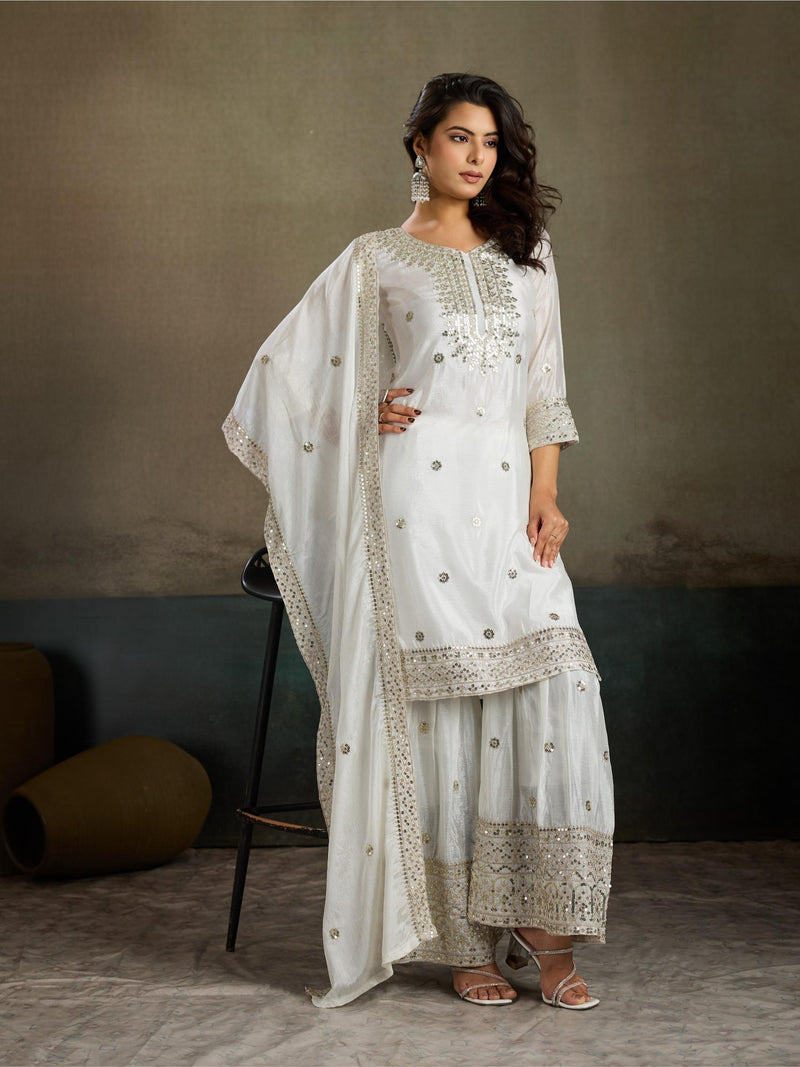 White Silver Sequin Embroidered Silk Kurta Palazzo Set with Dupatta