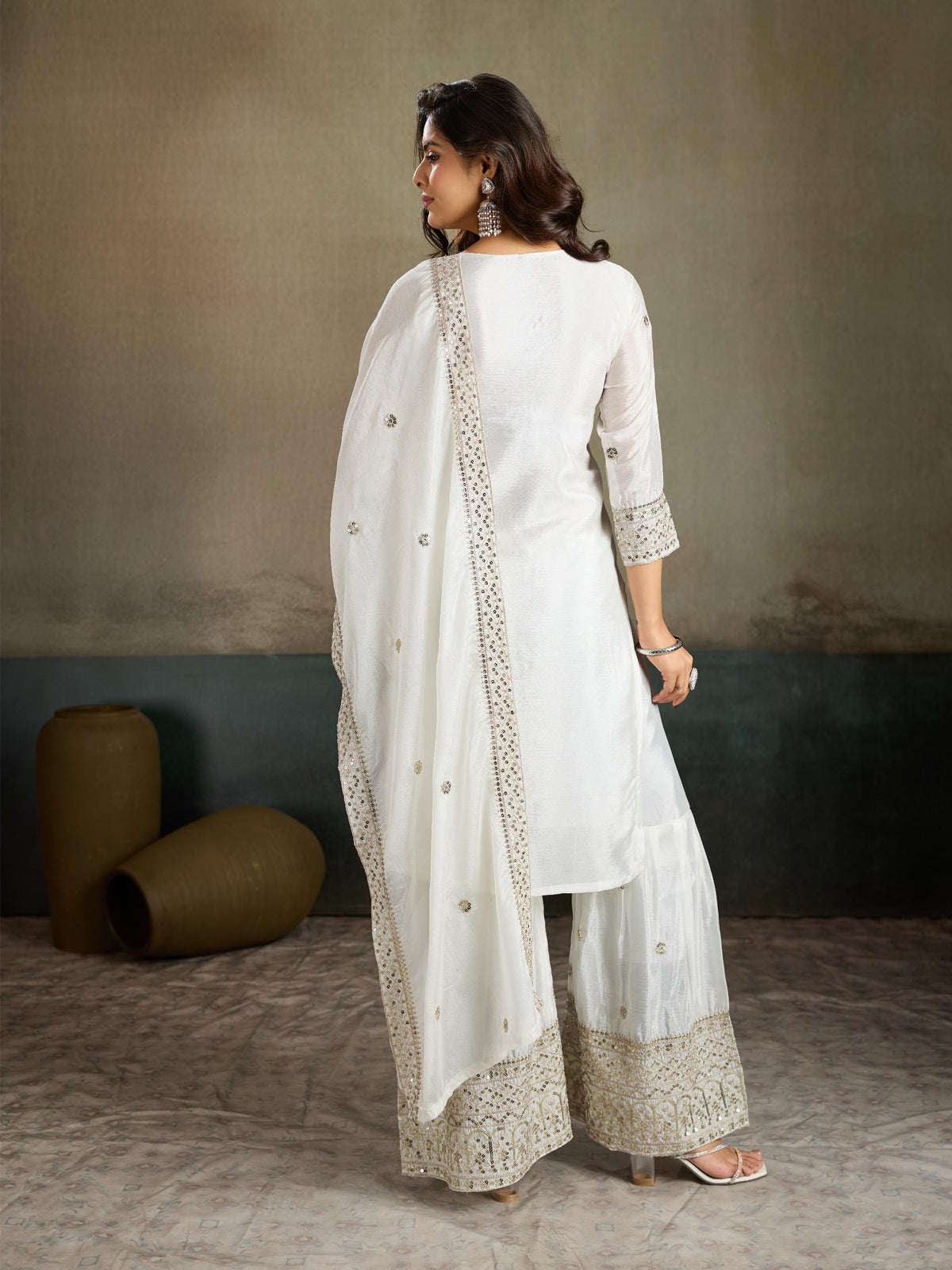 White silver sequin embroidered silk kurta palazzo set - back view with dupatta