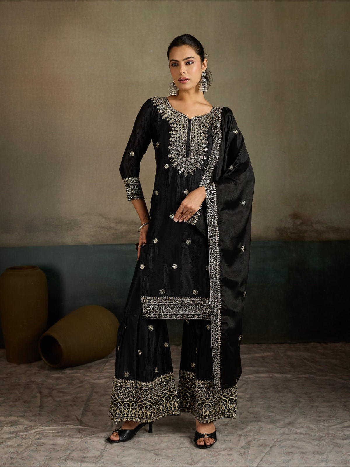 Black zari embroidered silk kurta palazzo set - seated front view with dupatta
