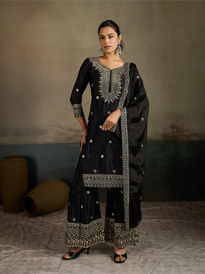 Black Zari Embroidered Silk Kurta Palazzo Set with Dupatta