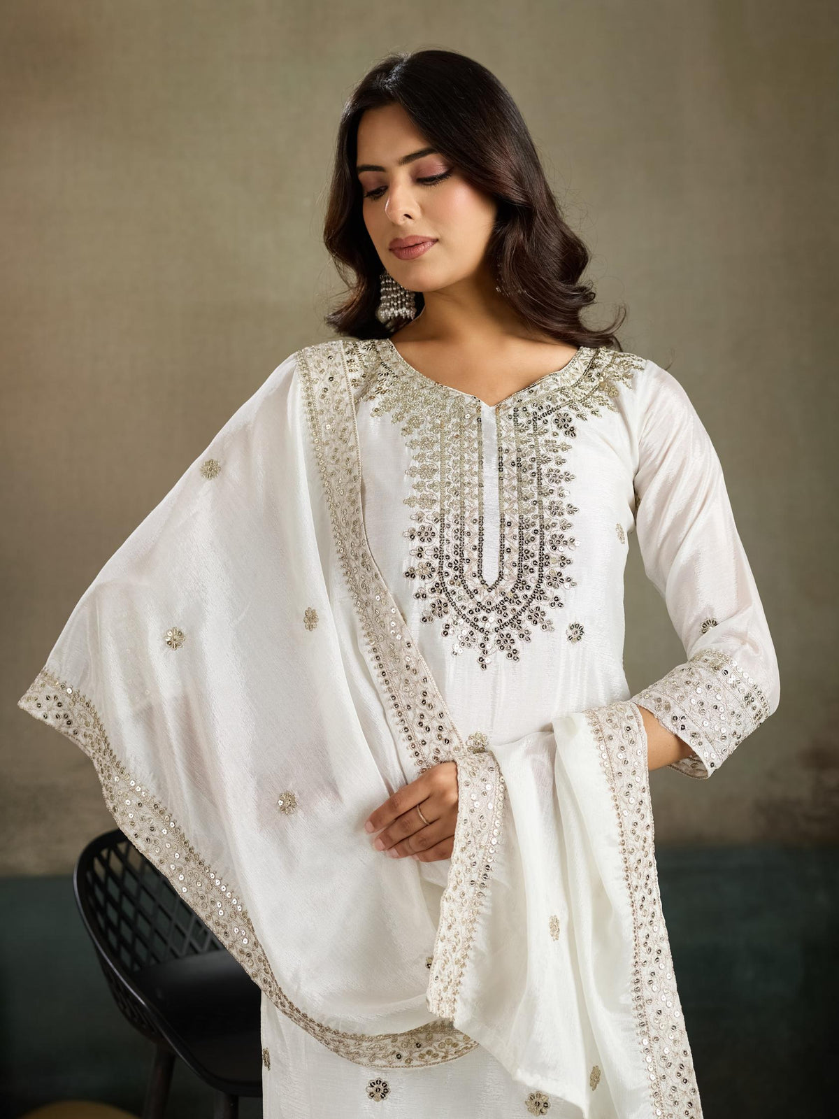 White Silver Sequin Embroidered Silk Kurta Palazzo Set with Dupatta