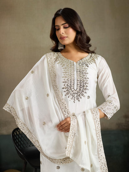 White Silver Sequin Embroidered Silk Kurta Palazzo Set with Dupatta