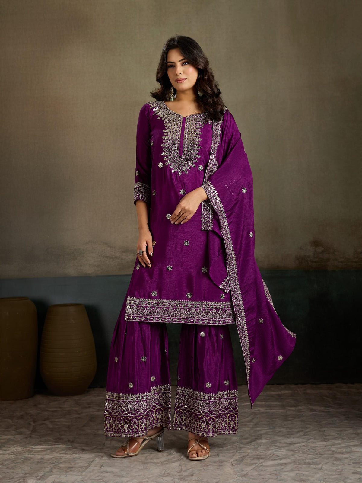 Purple gold sequin embroidered silk kurta sharara set - full front view with dupatta draped