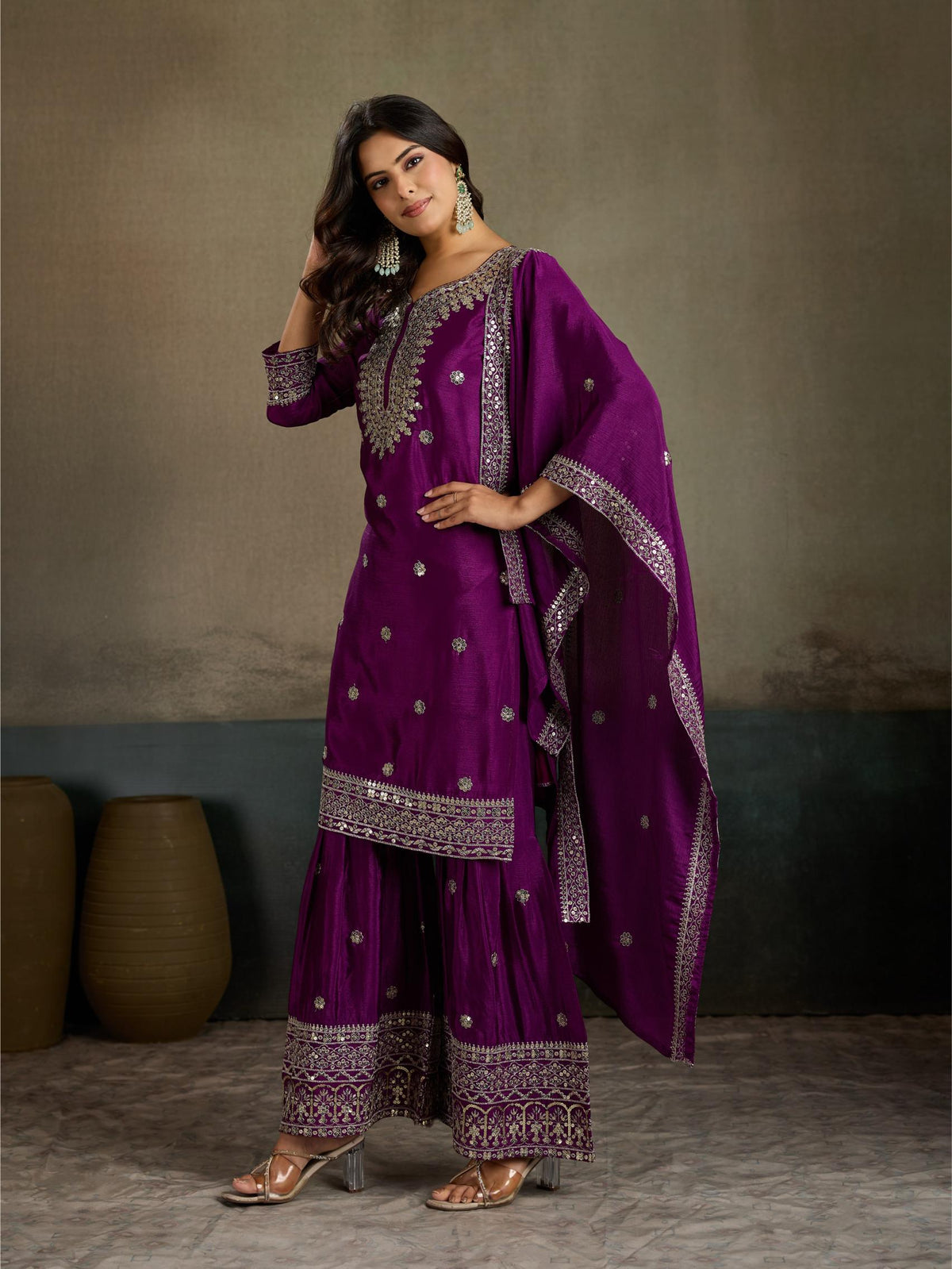 Purple gold sequin embroidered silk kurta sharara set - front view with dupatta open