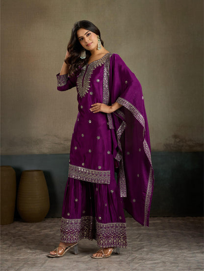 Purple Gold Sequin Embroidered Silk Kurta Sharara Set with Dupatta