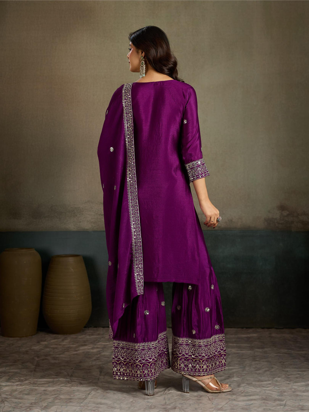 Purple gold sequin embroidered silk kurta sharara set - back view with dupatta
