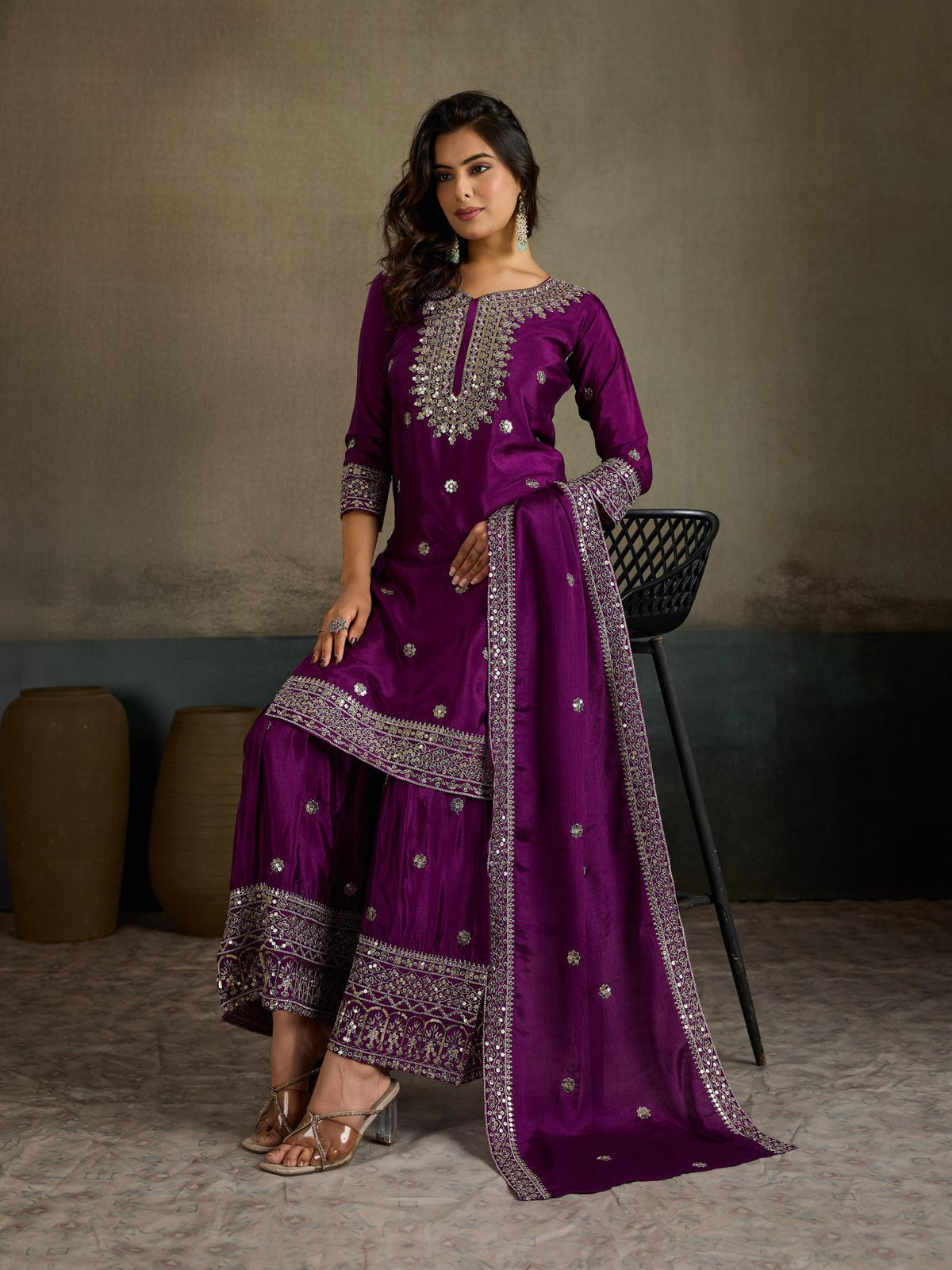 Purple Gold Sequin Embroidered Silk Kurta Sharara Set with Dupatta