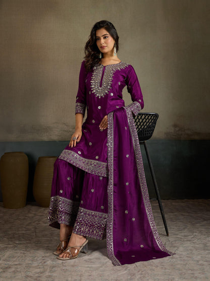 Purple Gold Sequin Embroidered Silk Kurta Sharara Set with Dupatta