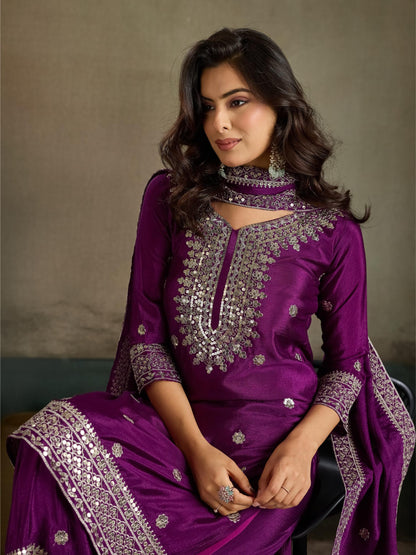 Purple gold sequin embroidered silk kurta sharara set - seated close up neckline embroidery detail