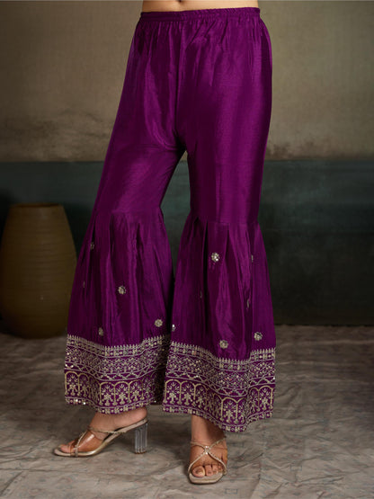 Purple Gold Sequin Embroidered Silk Kurta Sharara Set with Dupatta