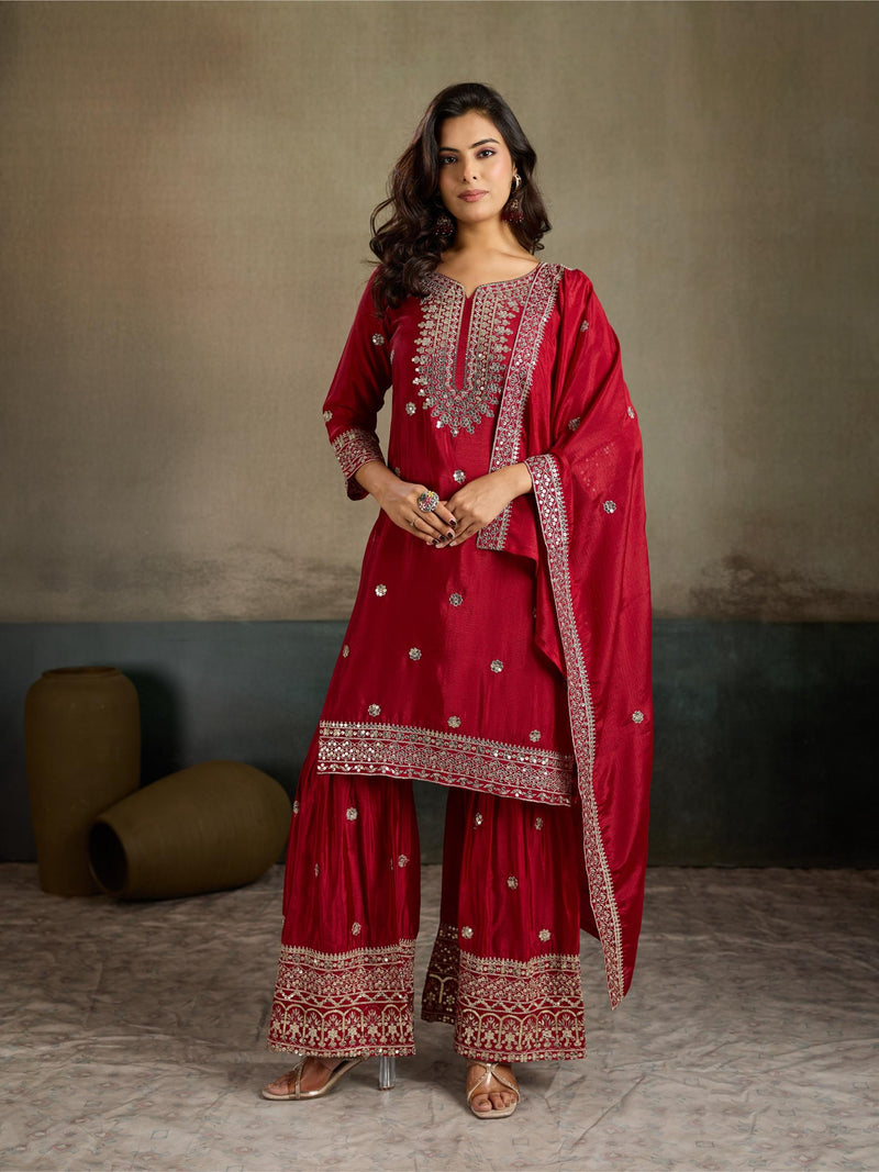 Crimson Red Mirror Embroidered Silk Kurta Sharara Set with Dupatta