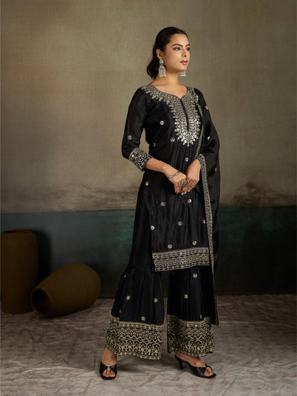 Black zari embroidered silk kurta palazzo set - close up yoke embroidery detail
