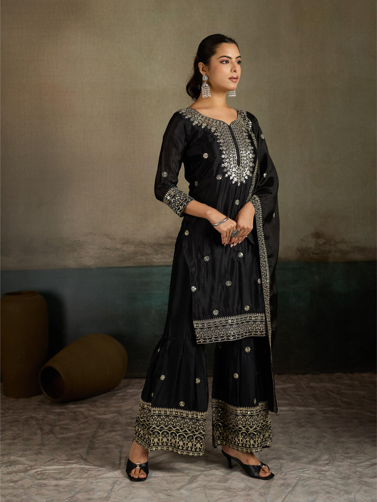 Black Zari Embroidered Silk Kurta Palazzo Set with Dupatta