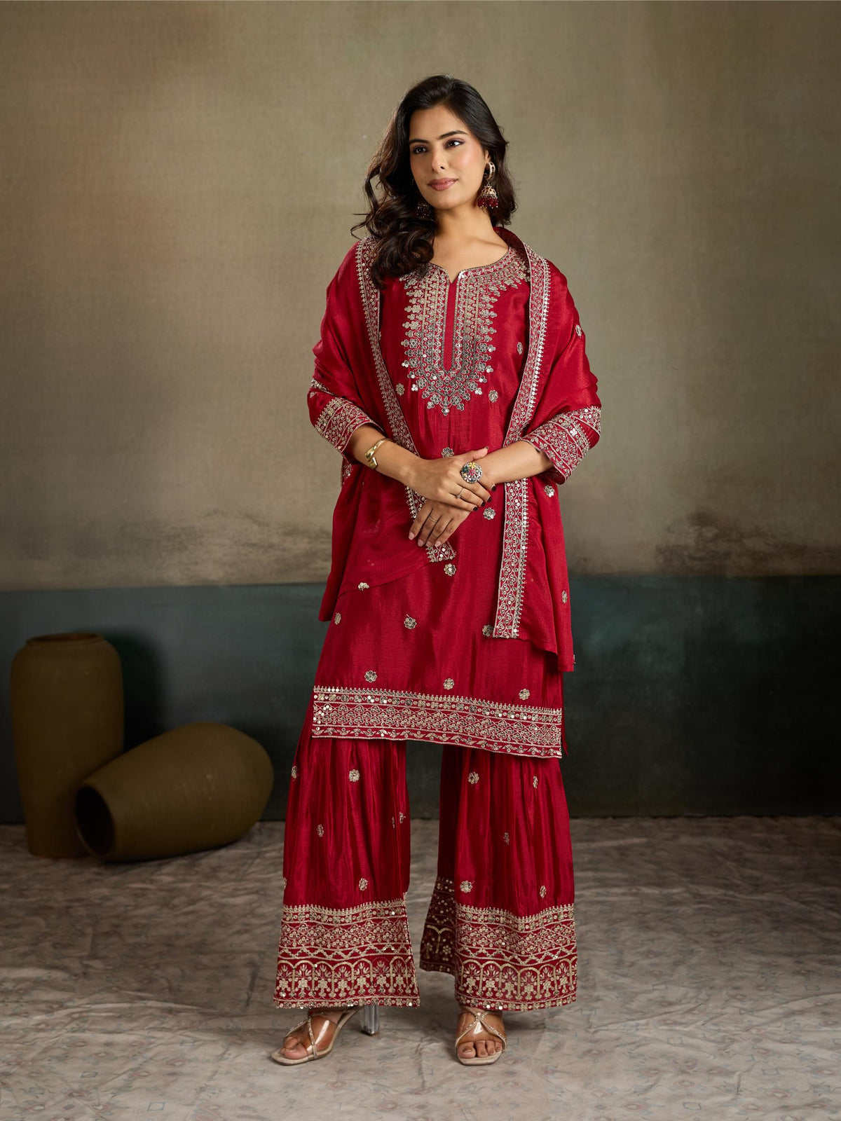 Crimson Red Mirror Embroidered Silk Kurta Sharara Set with Dupatta
