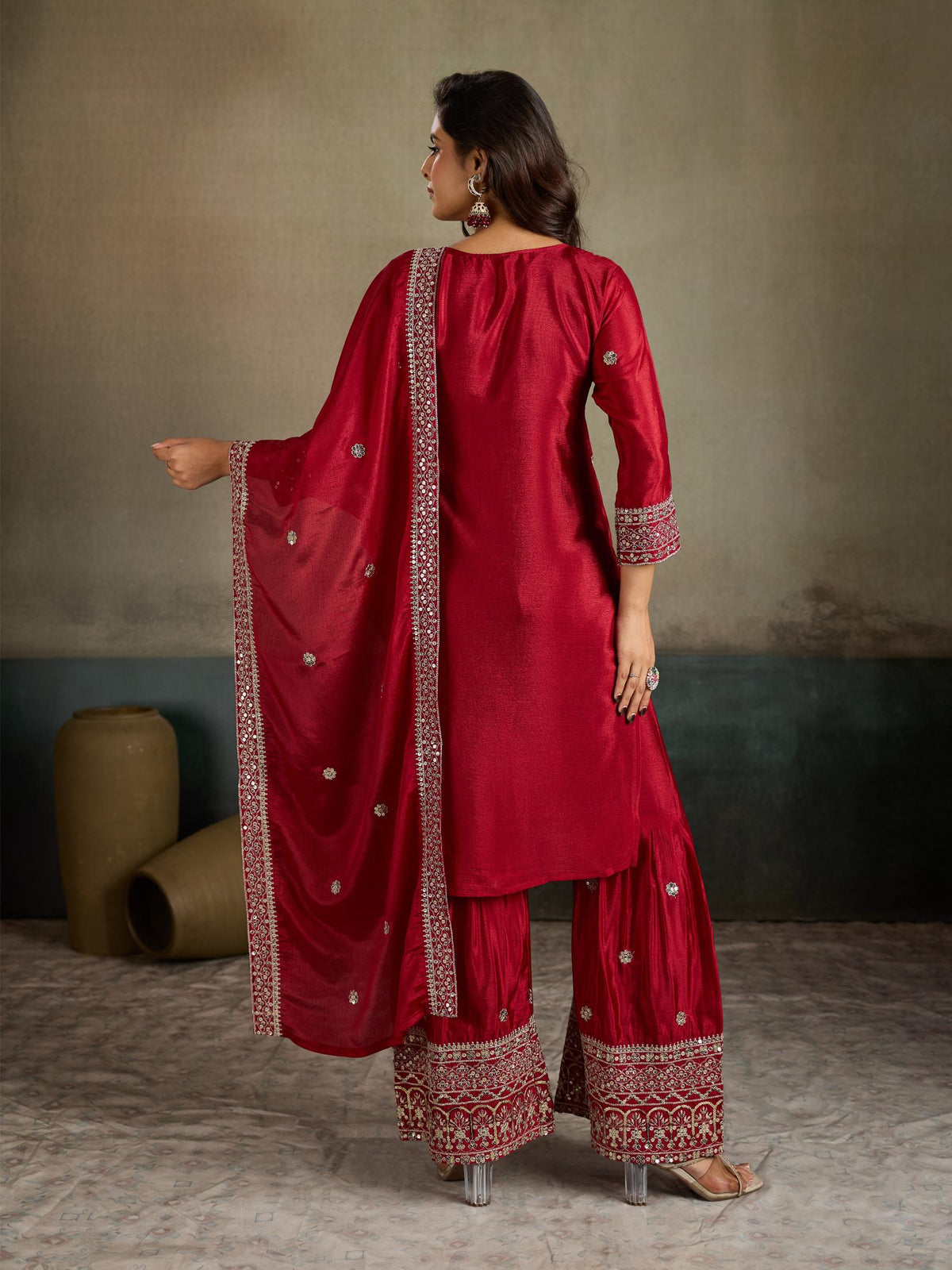 Crimson Red Mirror Embroidered Silk Kurta Sharara Set with Dupatta