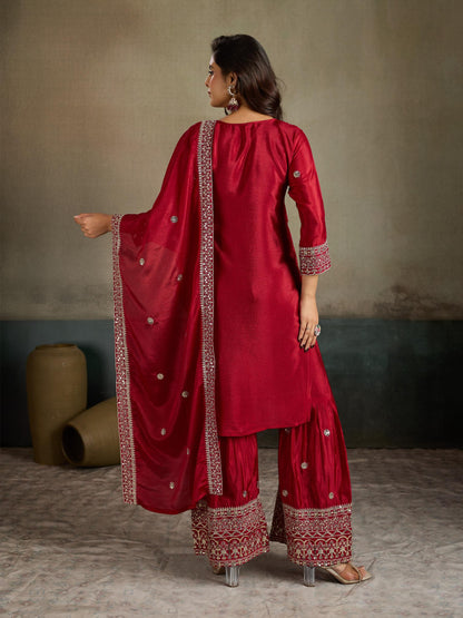 Crimson Red Mirror Embroidered Silk Kurta Sharara Set with Dupatta