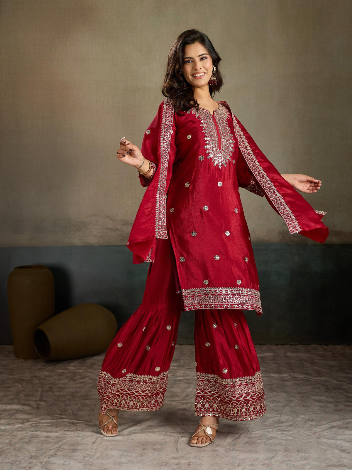 Crimson red mirror embroidered silk kurta sharara set - joyful front view arms open with dupatta