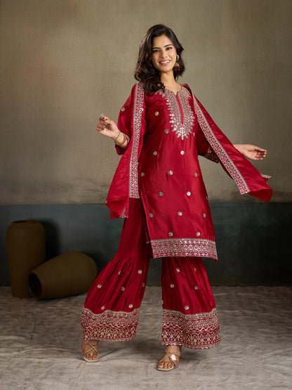 Crimson red mirror embroidered silk kurta sharara set - joyful front view arms open with dupatta