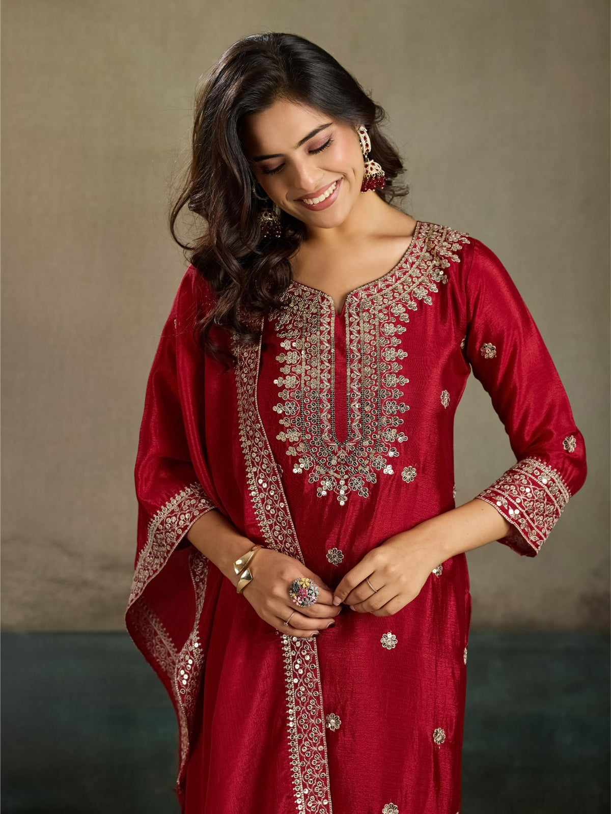 Crimson Red Mirror Embroidered Silk Kurta Sharara Set with Dupatta