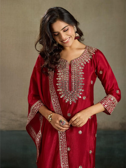 Crimson Red Mirror Embroidered Silk Kurta Sharara Set with Dupatta