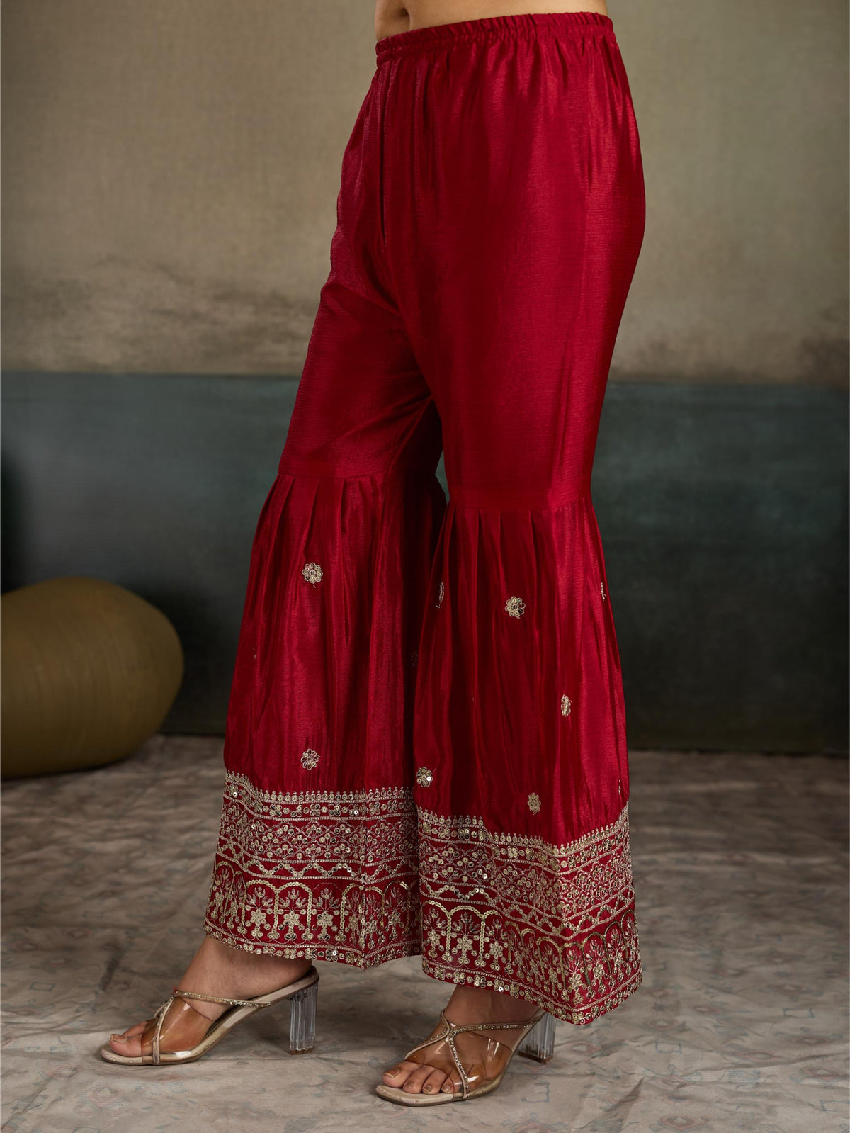 Crimson Red Mirror Embroidered Silk Kurta Sharara Set with Dupatta
