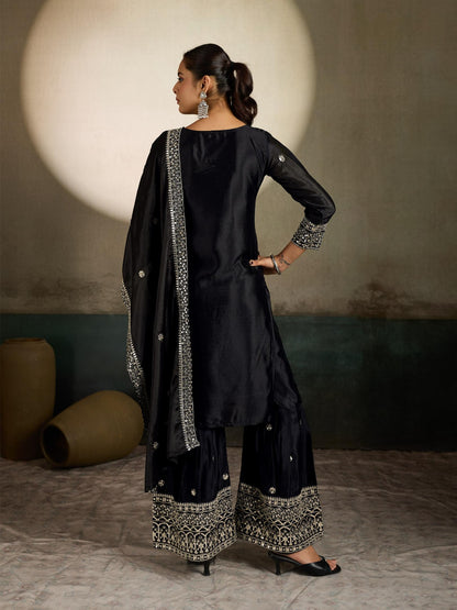 Black zari embroidered silk kurta palazzo set - full front view standing