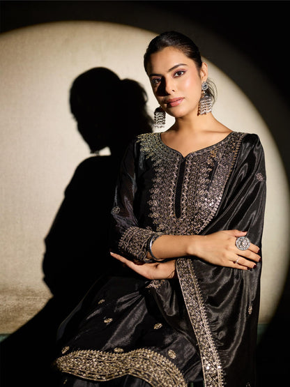 Black zari embroidered silk kurta palazzo set - front view with dupatta draped